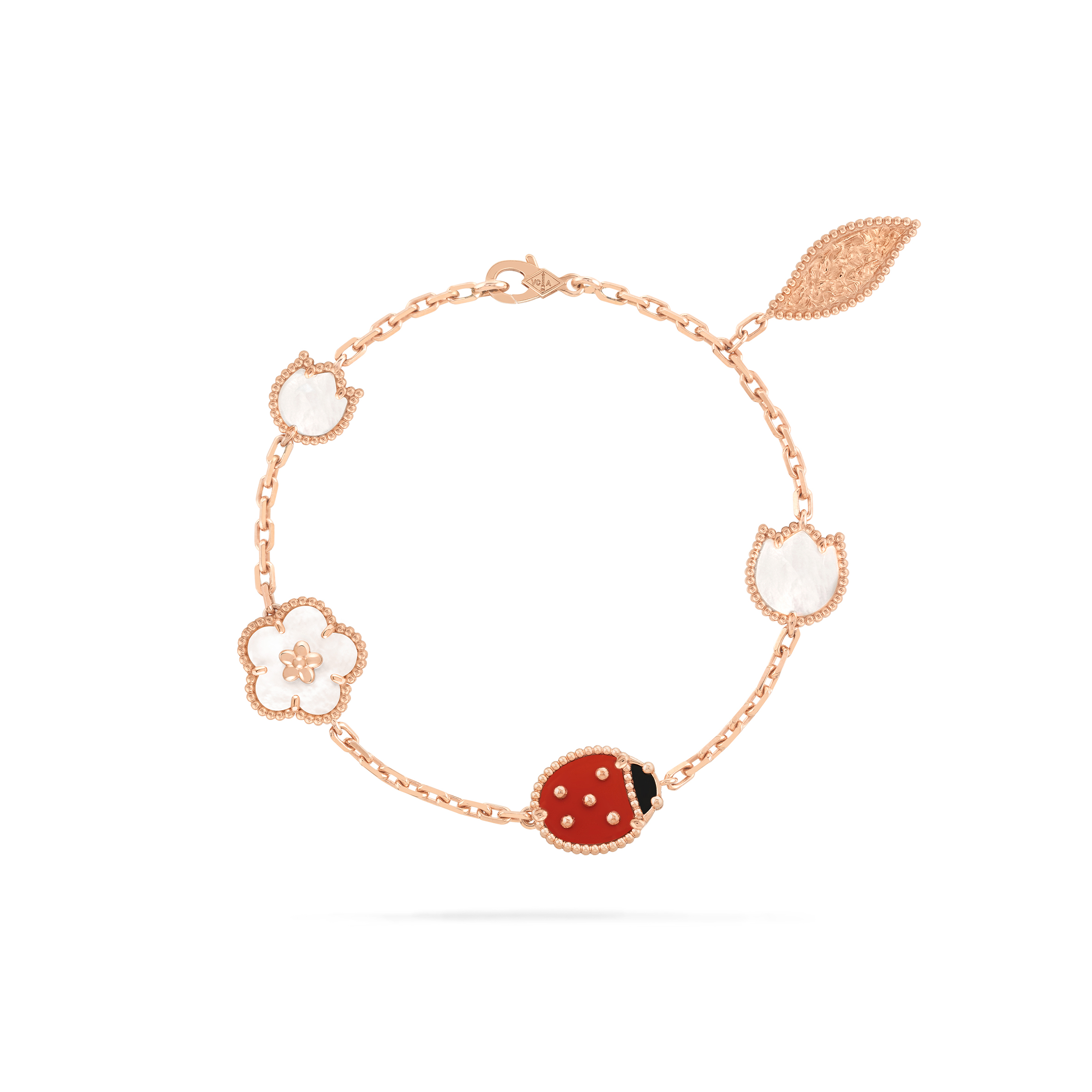 V*N CL*F arpels lucky spring bracelet, 5 motifs - rose gold, carnelian, mother-of-pearl, onyx  vcarp7rr00